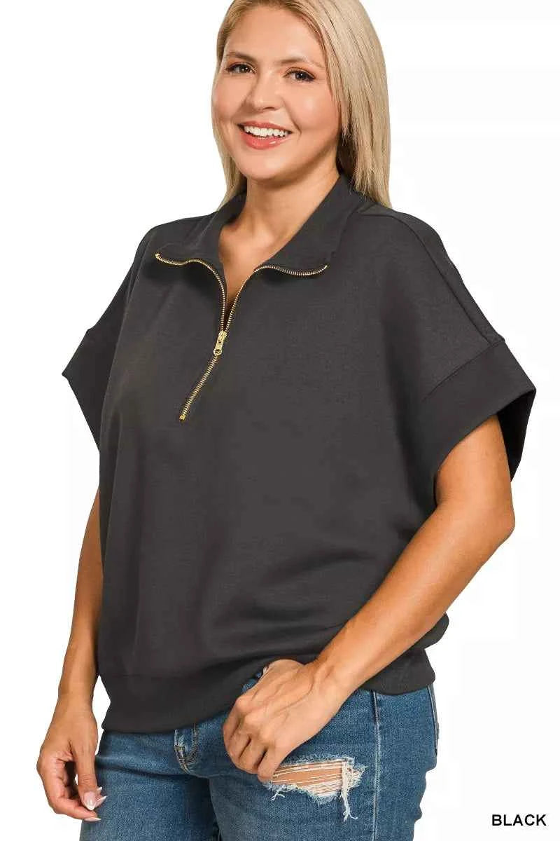 Zenana Full Size Scuba High Neck Half Zip Short Sleeve Top Plus Size 12aad8d8-f265-4595-a11f-c8dcdf3978f0-Max-Origin