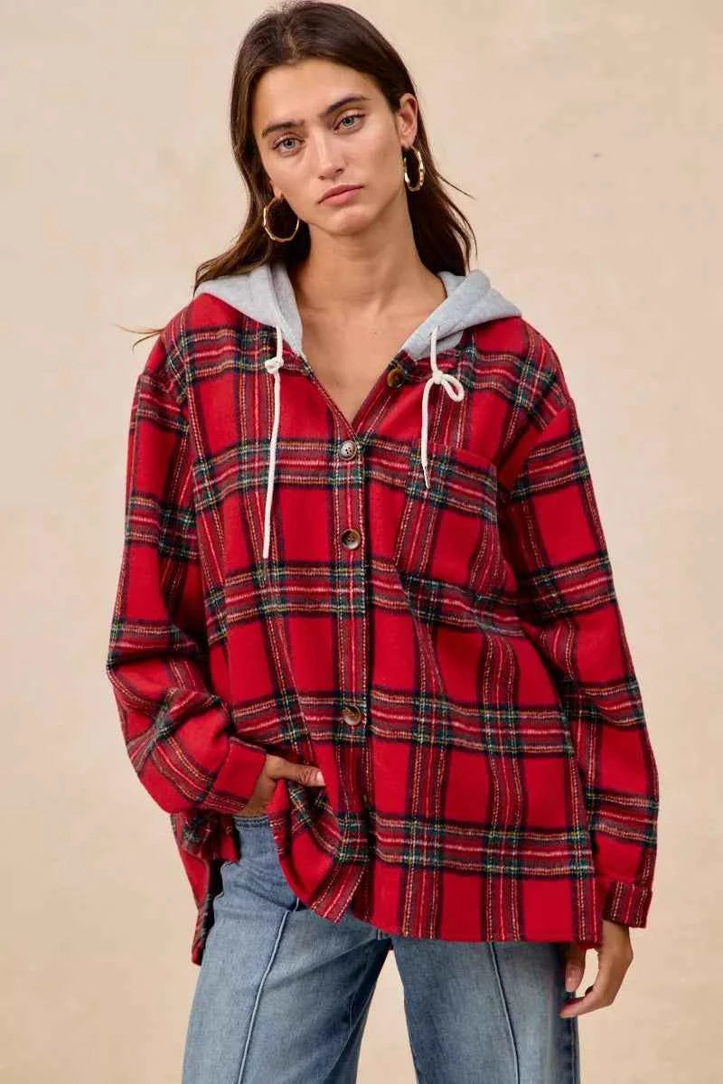 BiBi Brushed Plaid Hooded Jacket