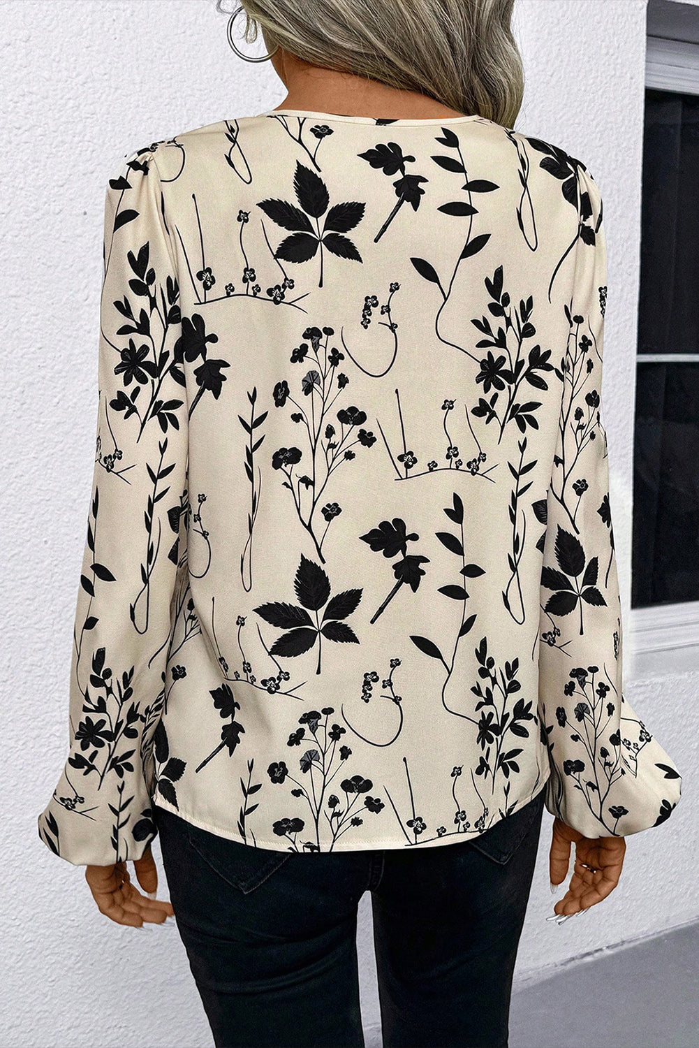 Khaki Botanical Floral Print Split Neck Long Sleeve Blouse 12d17f441d9fe472