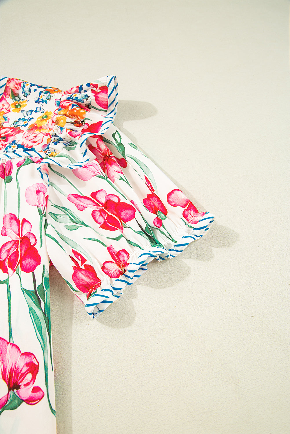 Pink Plus Size Floral Print Striped Trim V Neck Blouse 13047f7b39351695