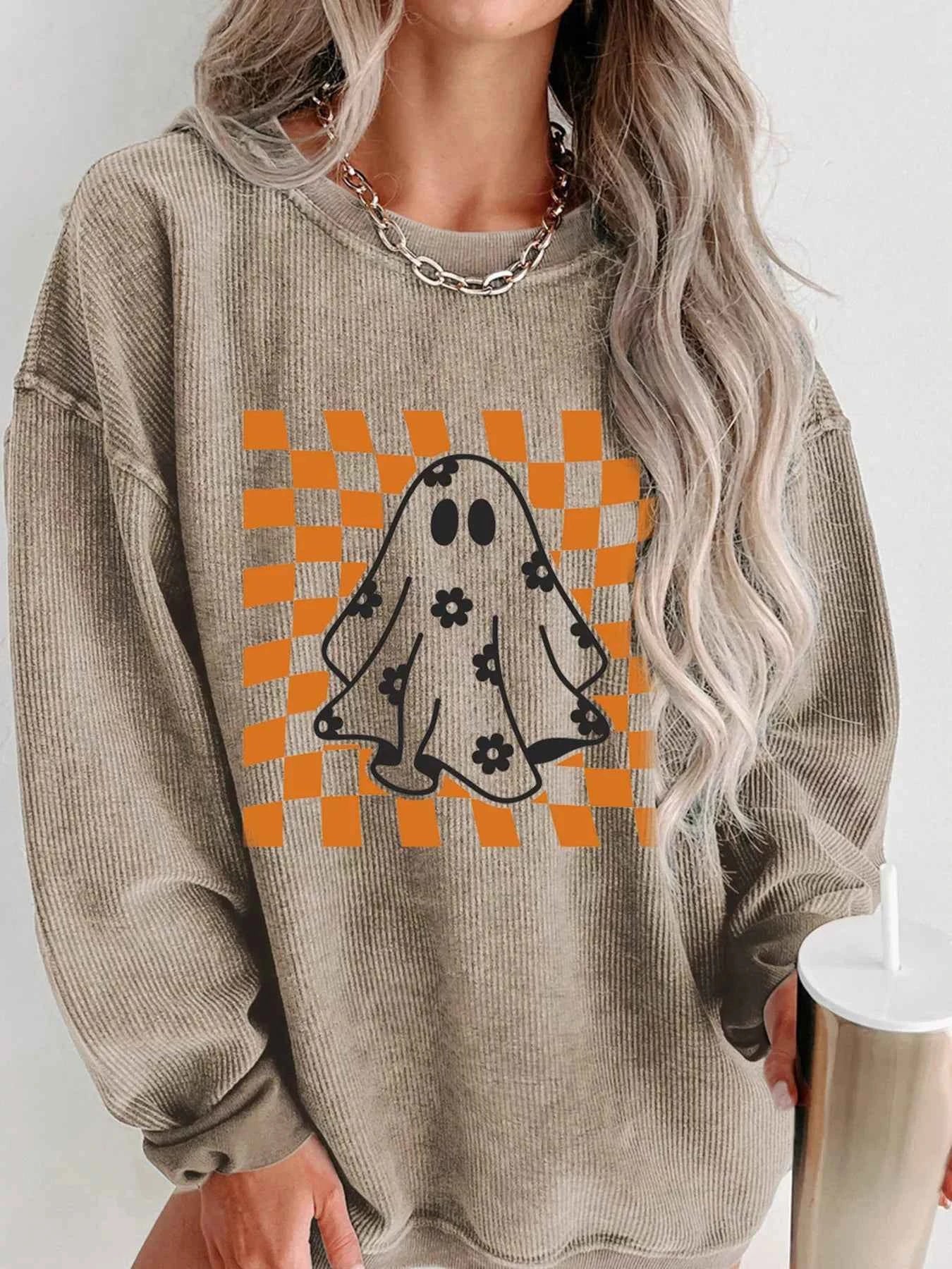 Halloween Checkerboard Floral Ghost Graphic Corded Sweatshirt 1311b057039c49a680995e7e6cd6229a-Max-Origin