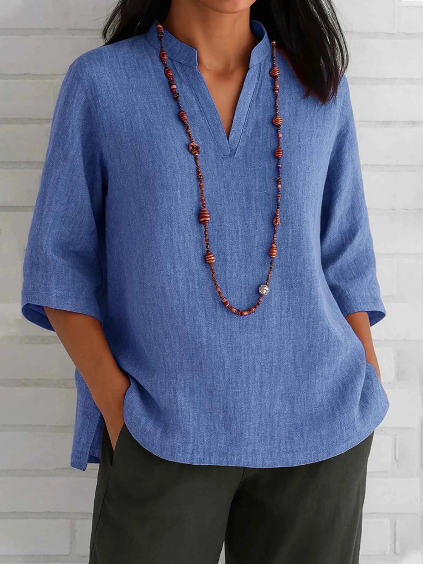 Full Size Notched Three-Quarter Sleeves Blouse Plus Size Blue 131a3066-62a6-4867-ad7c-a437ff45bc44-Max-Origin