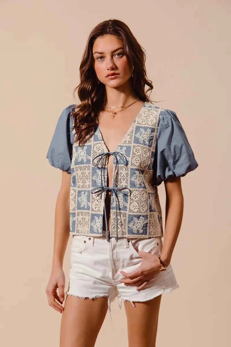 SO ME Crochet Lace Tie Front V Neck Blouse Top 13293e5ba88c43708ff349585ecf057d-Max-Origin