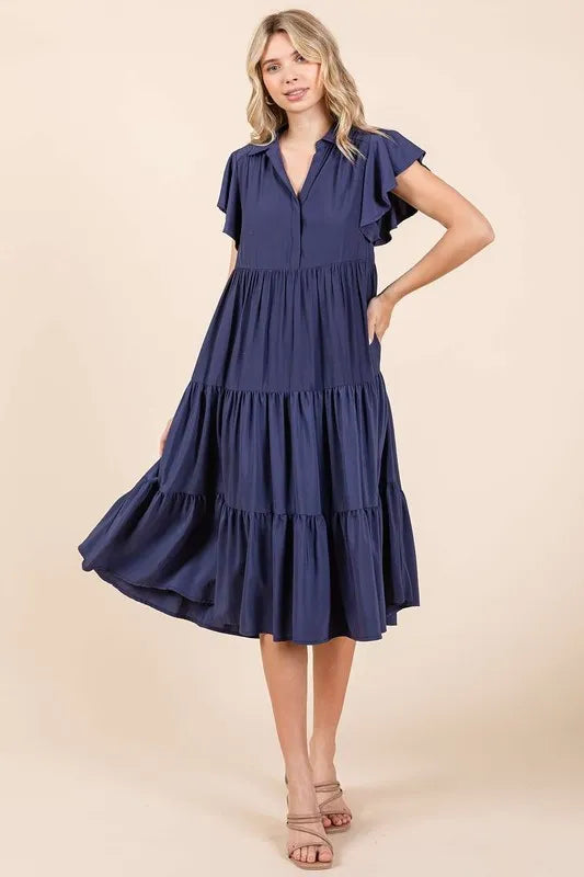 Mittoshop Ruffle Sleeve Collared V Neck Tiered Midi Dress Dark Navy 1360a5fd-d788-4748-8420-b26ba8930ca7-Max