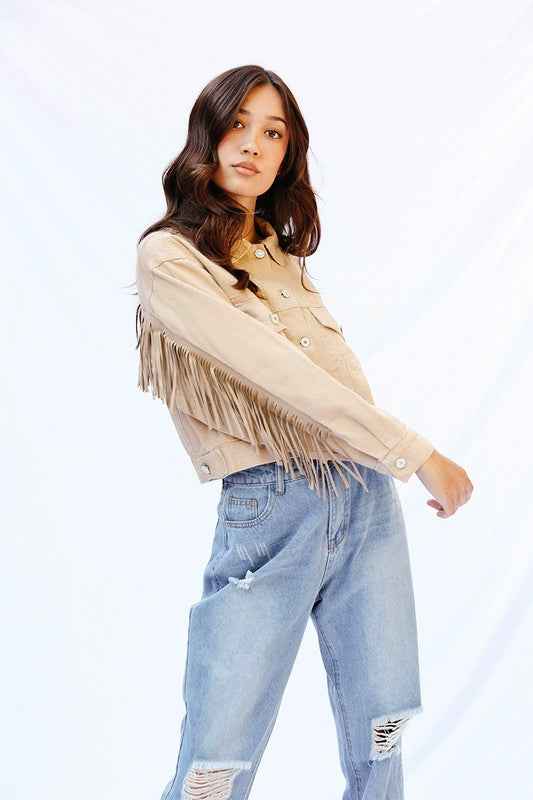 Cropped fringe denim jacket 13692833_1c9d6405-d003-45f1-af46-fb571c118d6a