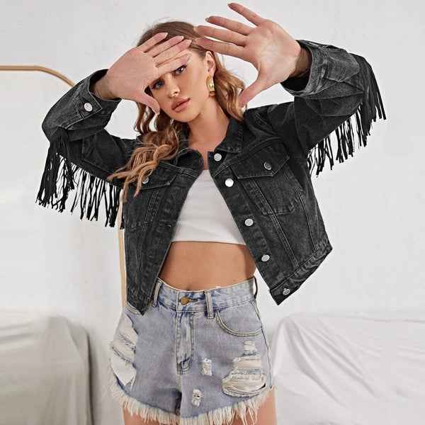 Cropped fringe denim jacket 13692833_1e320f10-7da0-4562-b5e0-ade656244685