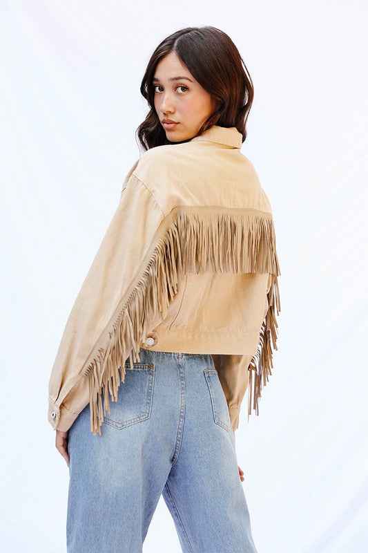 Cropped fringe denim jacket 13692833_2c055966-f52a-49ee-8471-0c0742d8eca2