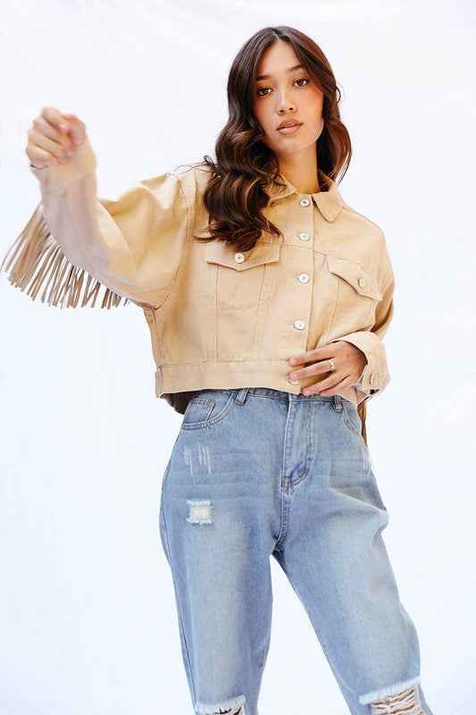 Cropped fringe denim jacket 13692833_343e41fe-c97d-4952-a045-a1230b2a1769