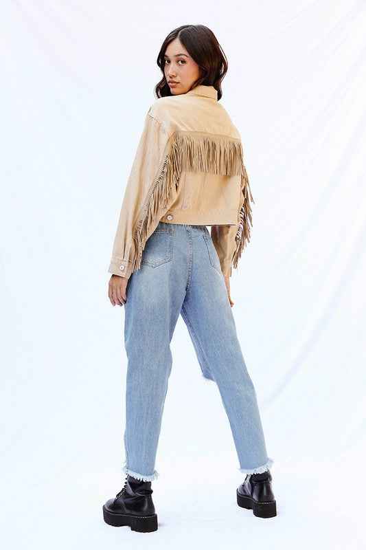 Cropped fringe denim jacket 13692833_f7655c93-0e54-4ca7-aedc-25b61659548c
