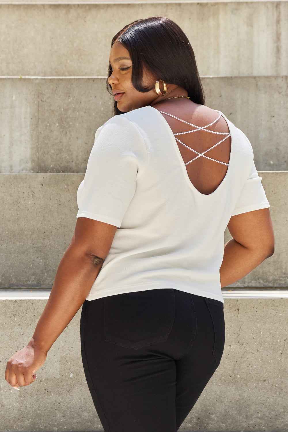 And The Why Pearly White Full Size Criss Cross Pearl Detail Open Back T-Shirt 137303b75859475c8515ba5a7b7e134c-Max