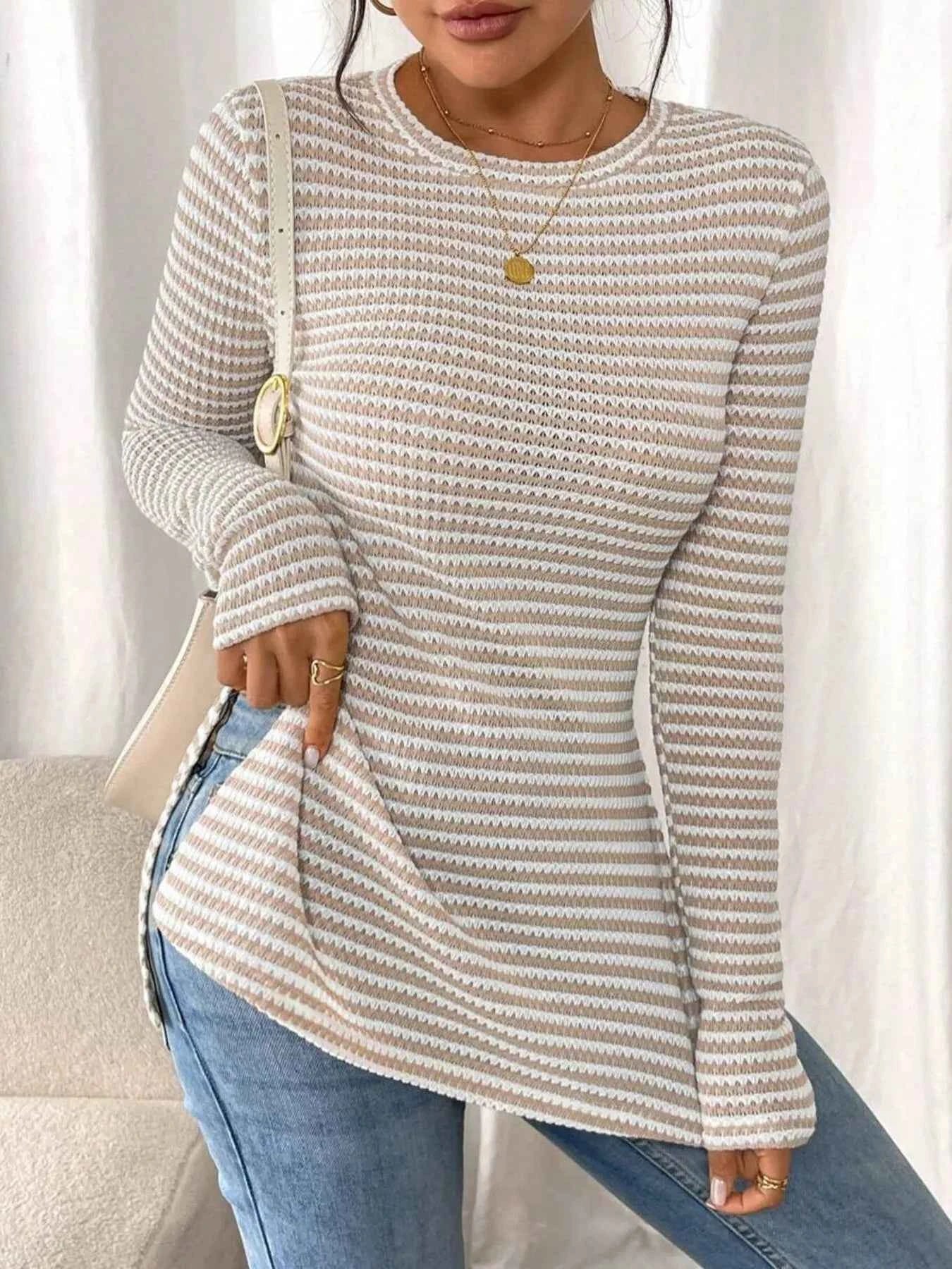 Side Slit Striped Long Sleeve T-Shirt 13c84416d5f1464792506f9c06e7b159-Max-Origin