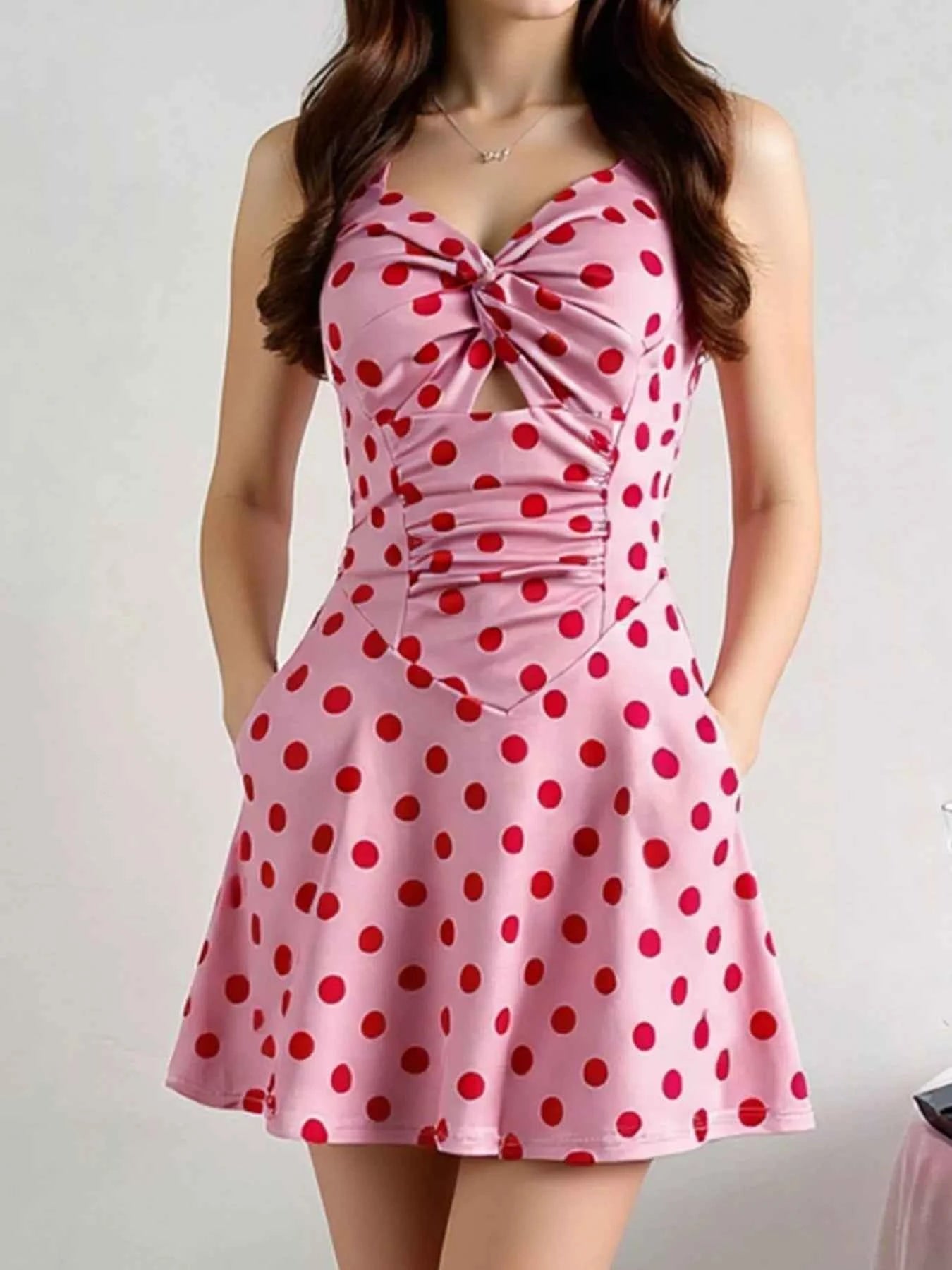 Polka Dot Halter Neck Twisted Front Mini Dress 140de3a8-67a8-49d1-b12e-48687c1edfcc-Max-Origin