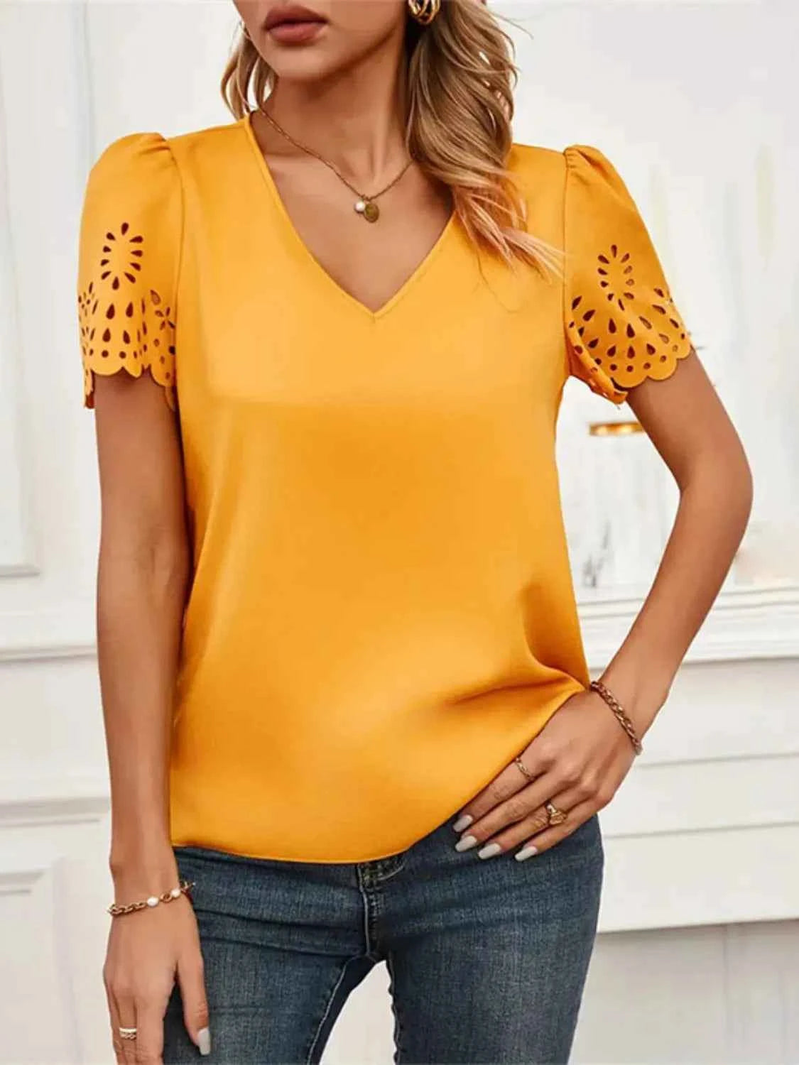 V-Neck Laser Cut Sleeve Blouse Tangerine 14621364-c298-4916-86f1-18bfd3ab6a81-Max-Origin