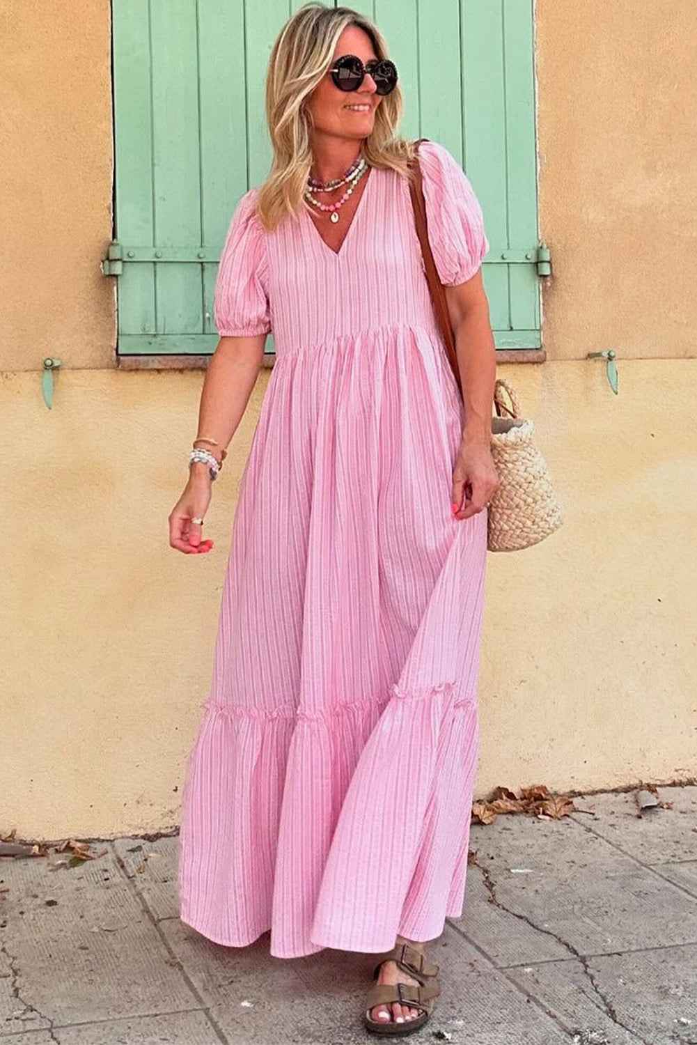 Pink Striped V Neck Puff Sleeve Frill Tiered Maxi Dress 14b8323a46ba7339
