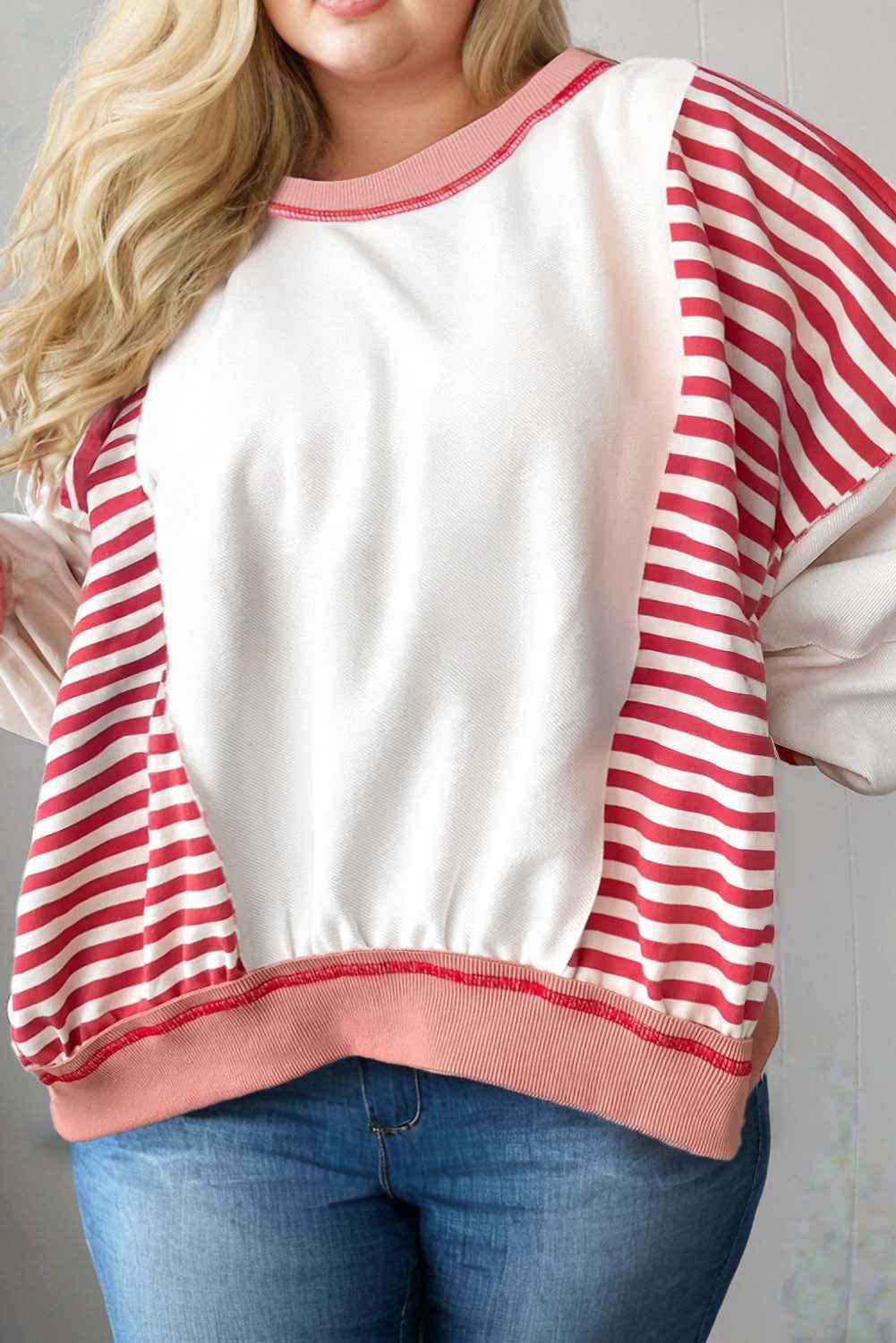 Red Stripe Colorblock Patchwork Stitching Detail Plus Size Sweatshirt Red Stripe 80%Polyester+15%Cotton+5%Elastane 14be028805361be9