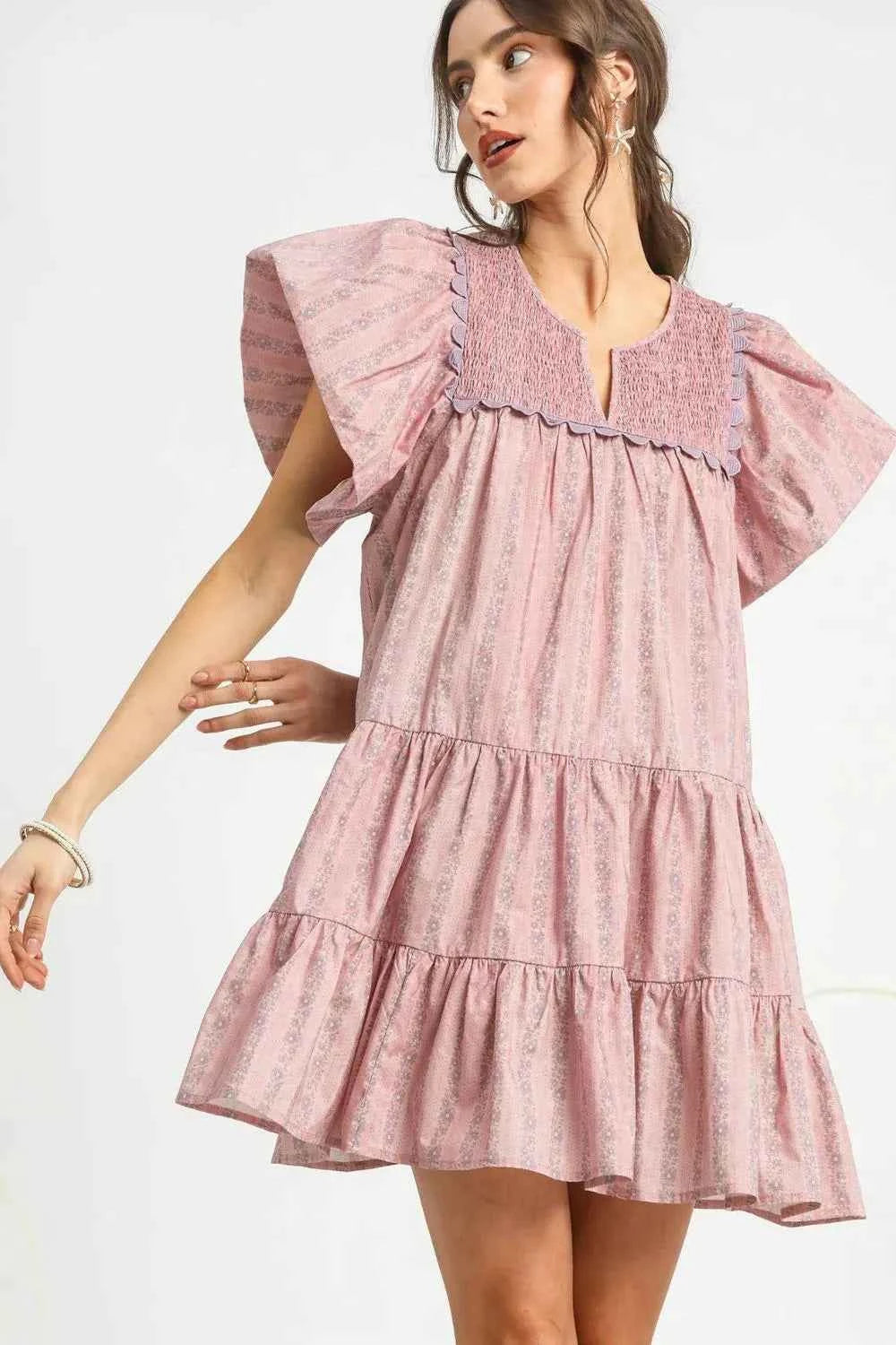 Umgee Floral Ruffled Cap Sleeve Tiered Mini Dress Dusty Pink 15468577-7c44-44e6-90bb-4f776d47b55c-Max-Origin