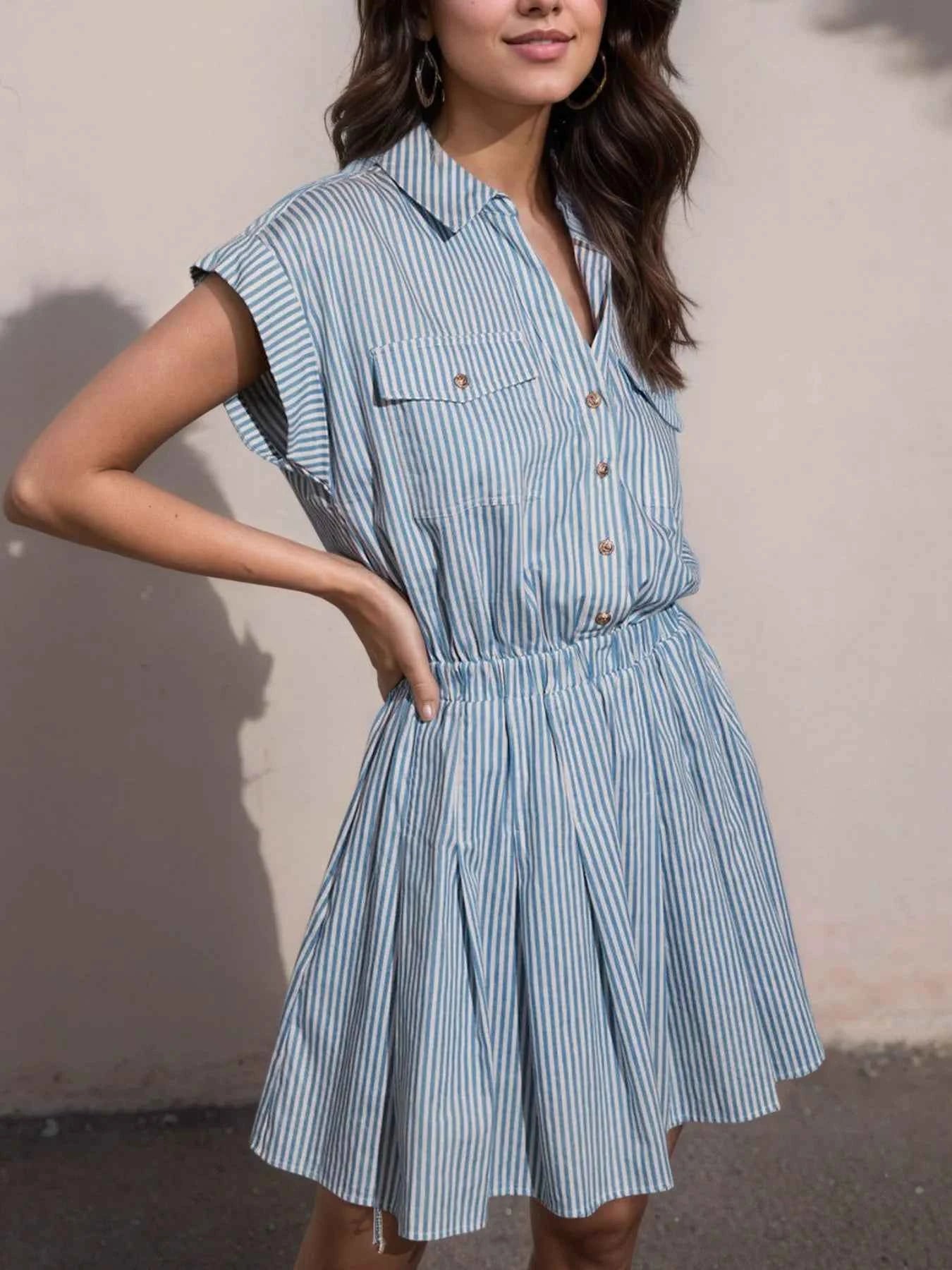 Hlaf Button Striped Cap Sleeve Mini Shirt Dress 15b6c7b3-73b9-418e-b1dc-e7b88f73905c-Max-Origin