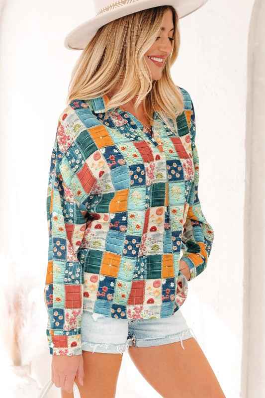 Floral Patchwork Long Sleeve Collar V-Neck Blouse 16053b31-02b1-4c9c-9bf7-beb4f071b21d