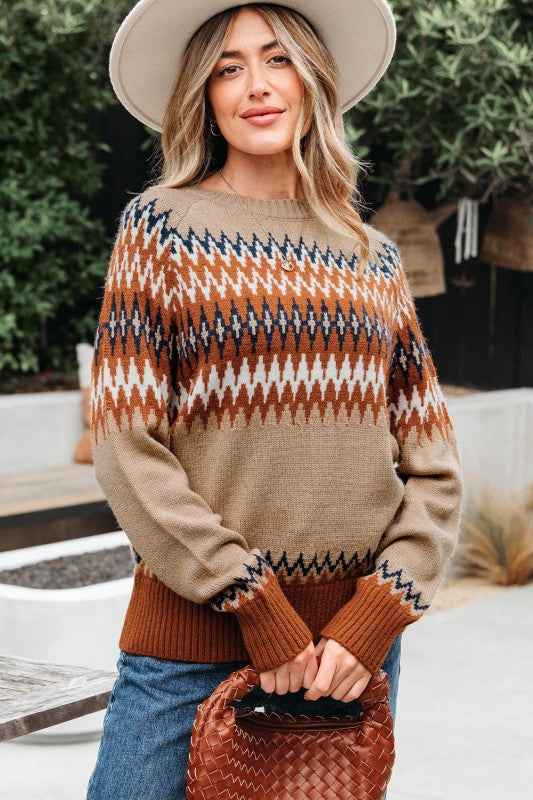 Western Aztec Geometric Colorblock Crewneck Sweate 16082d4b-8e39-4d0d-899a-d3fd7e3fe4fd