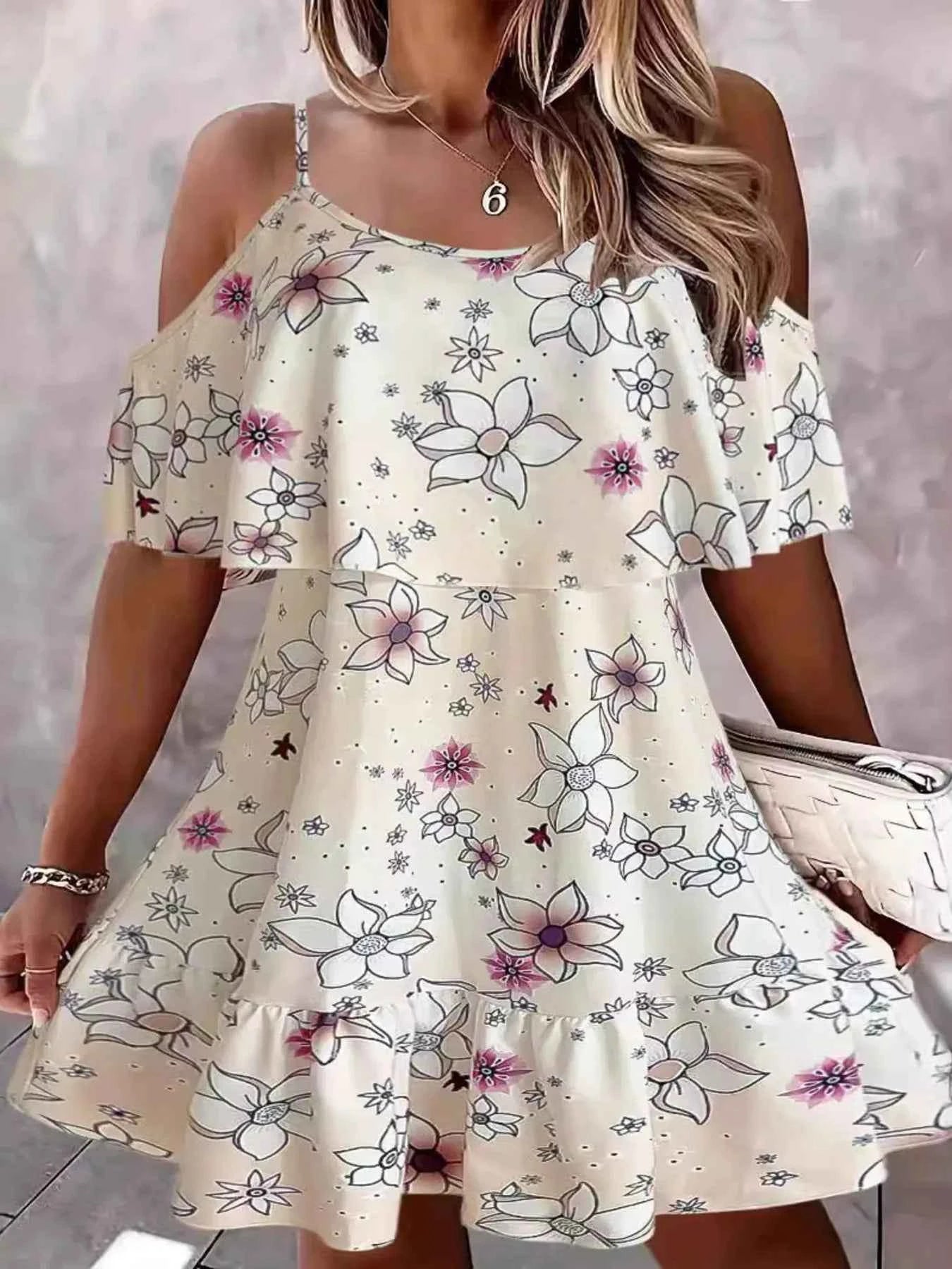 Floral Cold Shoulder Ruffle Mini Dress Yellow 165af59265134130bea33a97721da60c-Max-Origin