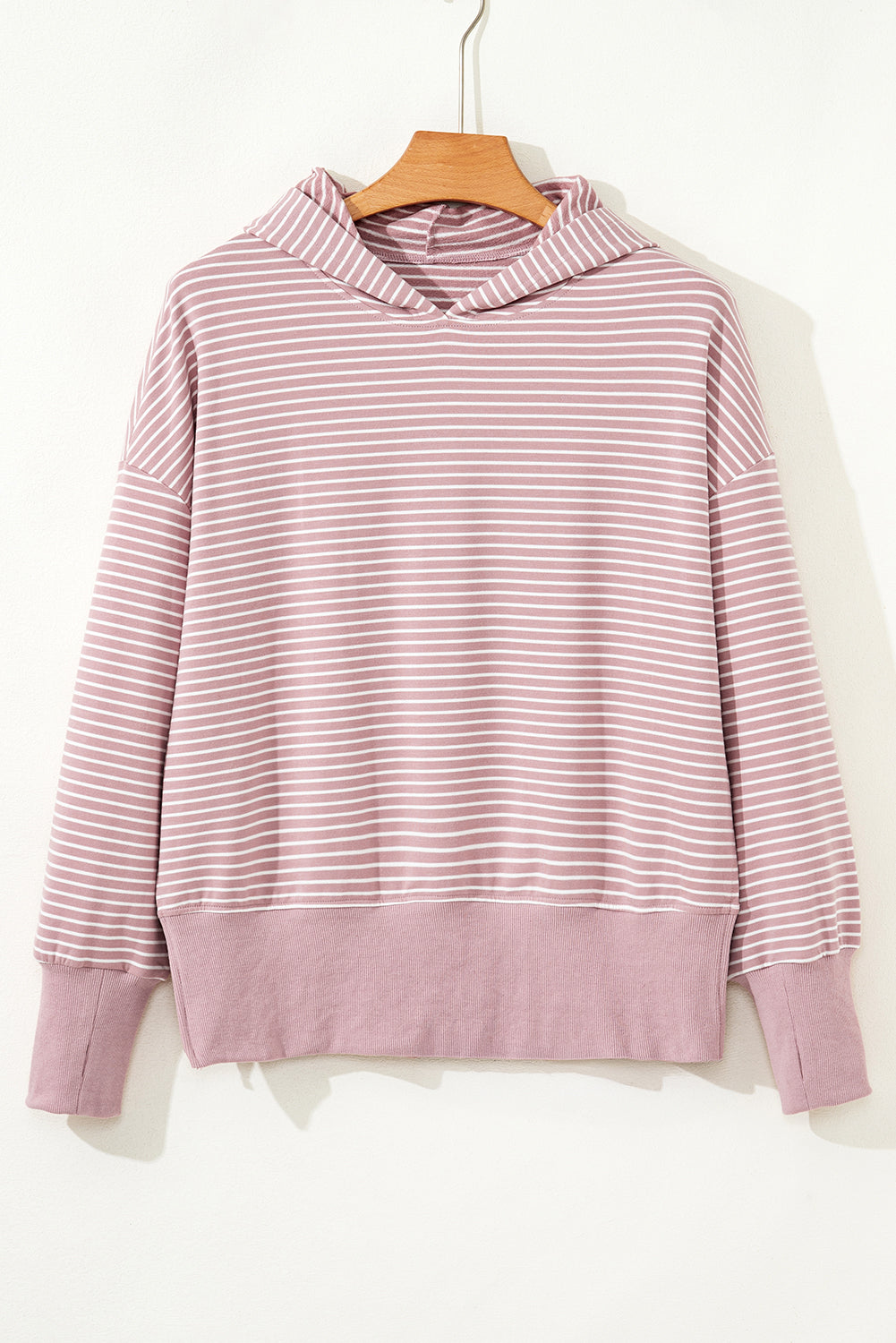 Rose Stripe Thumbhole Side Slits Drop Shoulder Loose Fit Hoodie 167195a689ec83b8