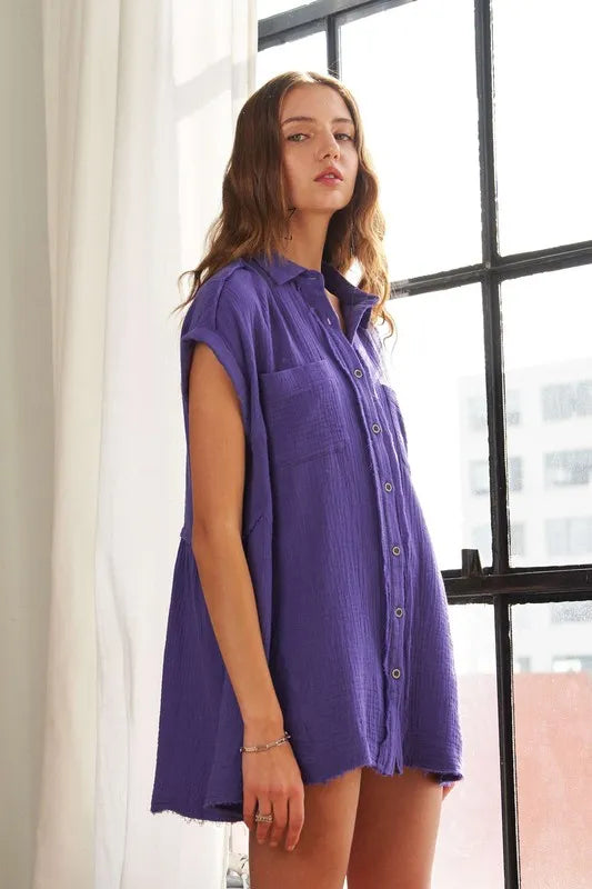 ADORA Raw Hem Collared Neck Button Down Shirt 16966ed0-6add-4289-8641-1b554144d31b-Max