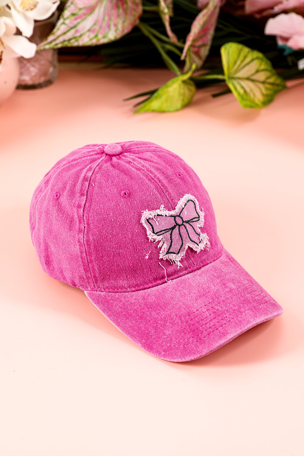 Rose Red Distressed Bow Patched Baseball Cap 1714414ae5a120ac