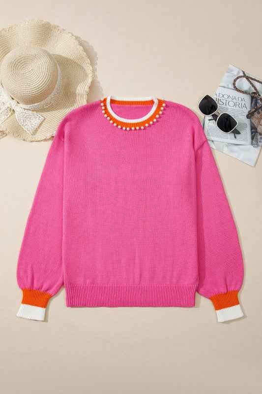 Pearl Contrast Trim Crewneck Drop Shoulder Sweater 1738702f-465a-4e2b-a644-54672f9dc4df