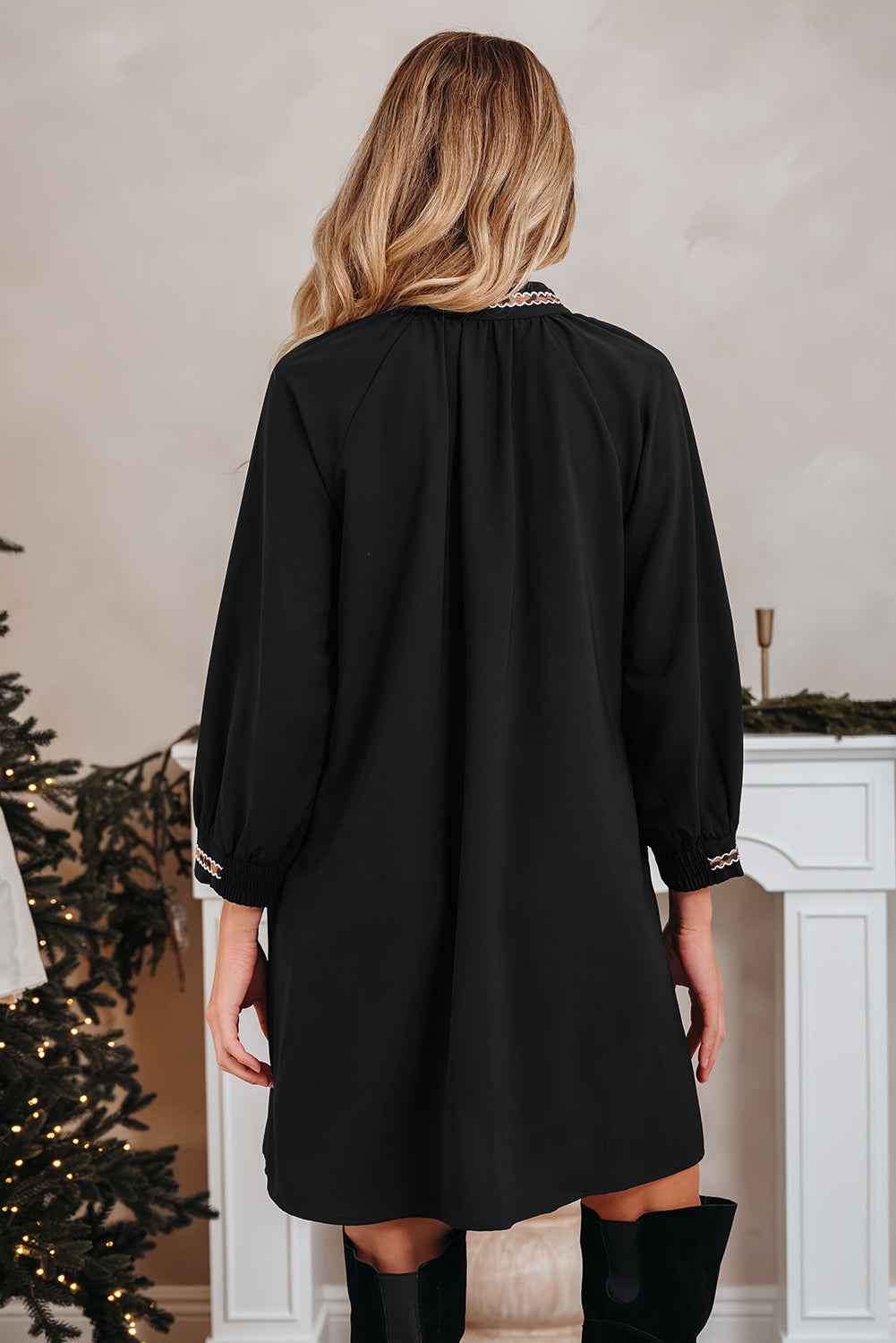 Black Contrast Trim V Neck Bracelet Sleeve Shift Mini Dress 1760f9331f995e13