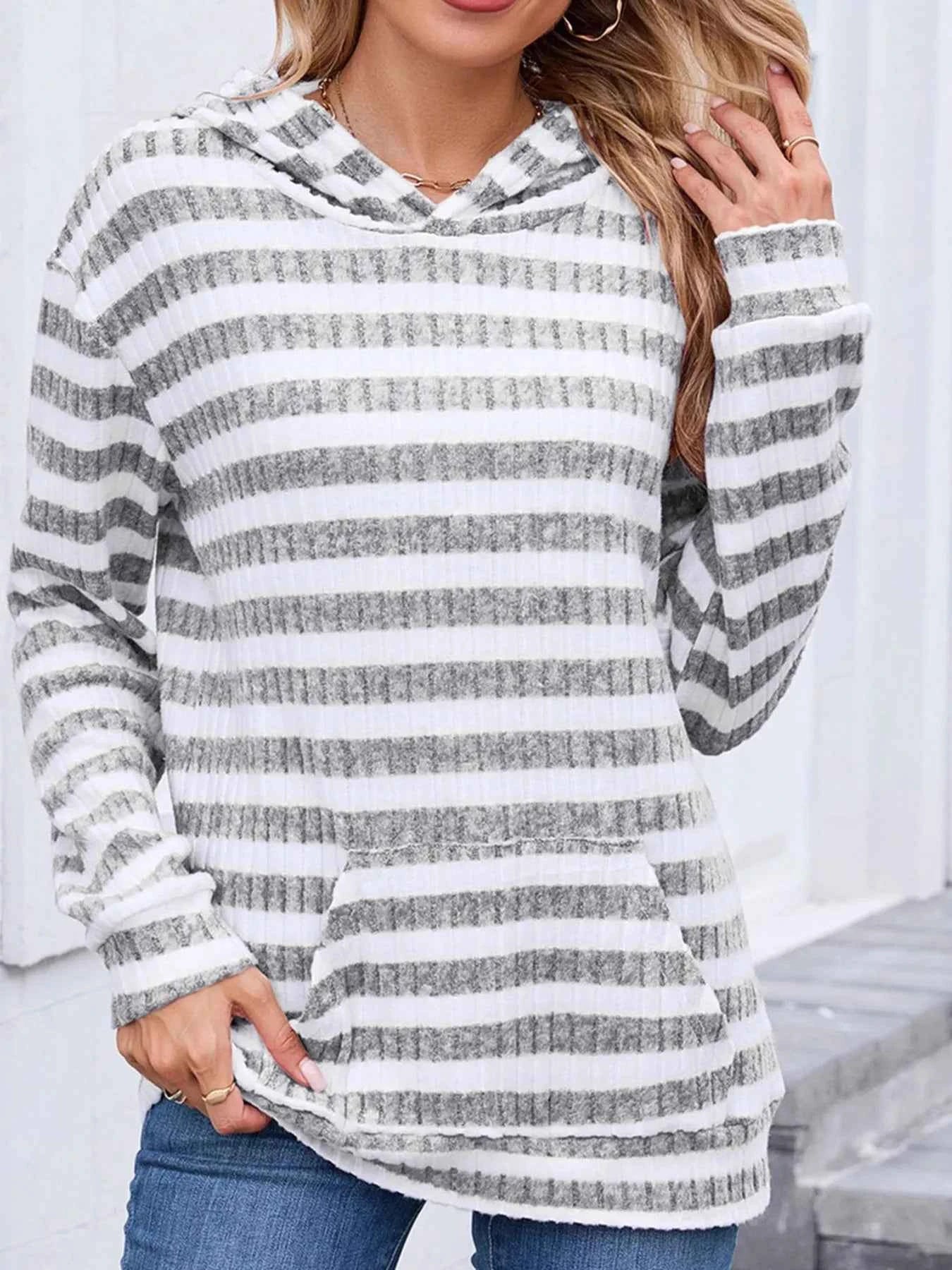 Striped Ribbed Knit Hoodie with Kangaroo Pocket 1771db391d6045d684f4c73adc35aaad-Max-Origin