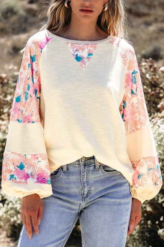 Floral Patchwork Balloon Sleeve Textured Blouse Apricot 17d01439-1504-4eed-a0d0-e774a7d3d2c6