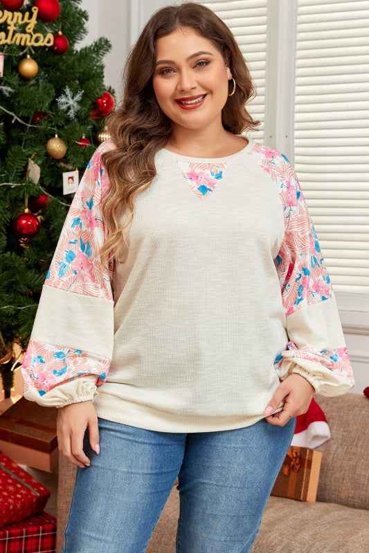 Plus Size Floral Patchwork Sleeve Crewneck Top 17e3fddf-17fc-4aa1-b7ff-319597a7a49c