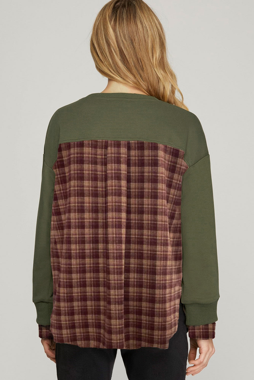 Moss Green Vintage Plaid Patchwork Drop Shoulder Sweatshirt 18092f5865809fdd