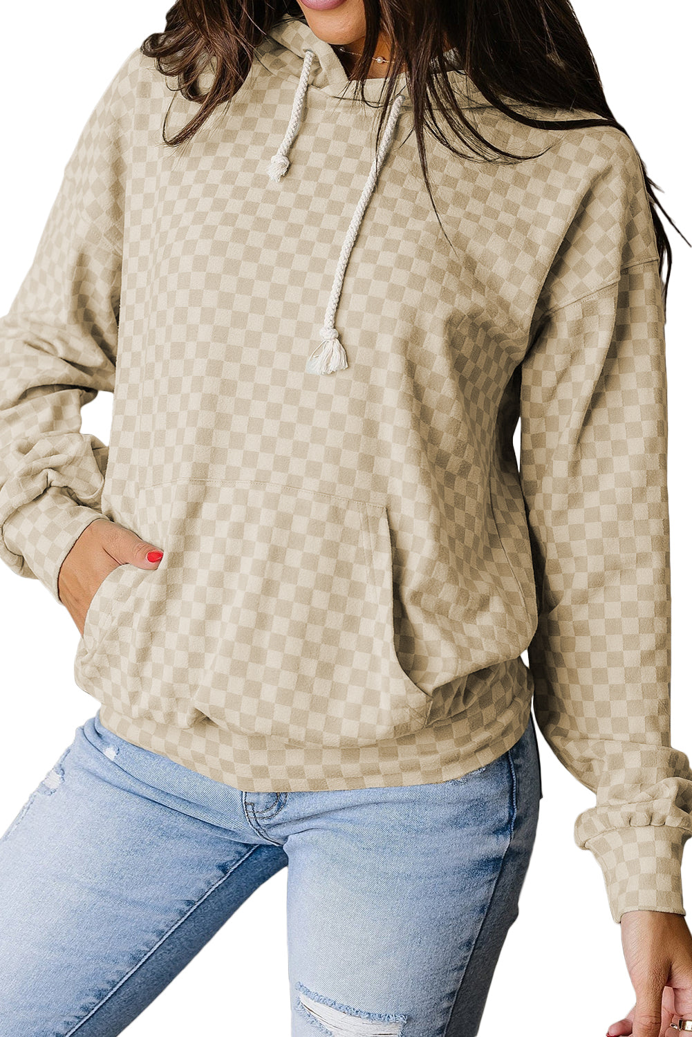 Green Checkered Kangaroo Pocket Hoodie Khaki 90%Polyester+10%Elastane 1836e18c13923407