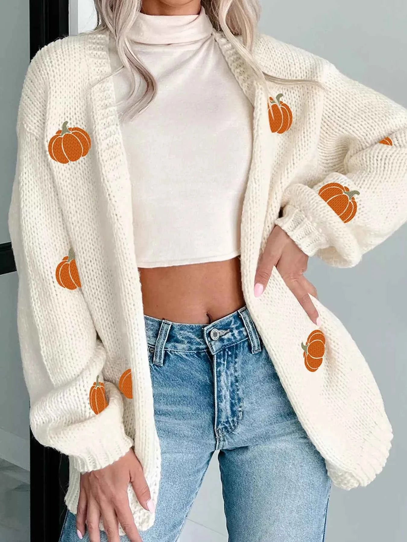 Halloween Pumpkin Embroidered Knit Cardigan White 1855326795c14863857b0fd9dc821e6a-Max-Origin