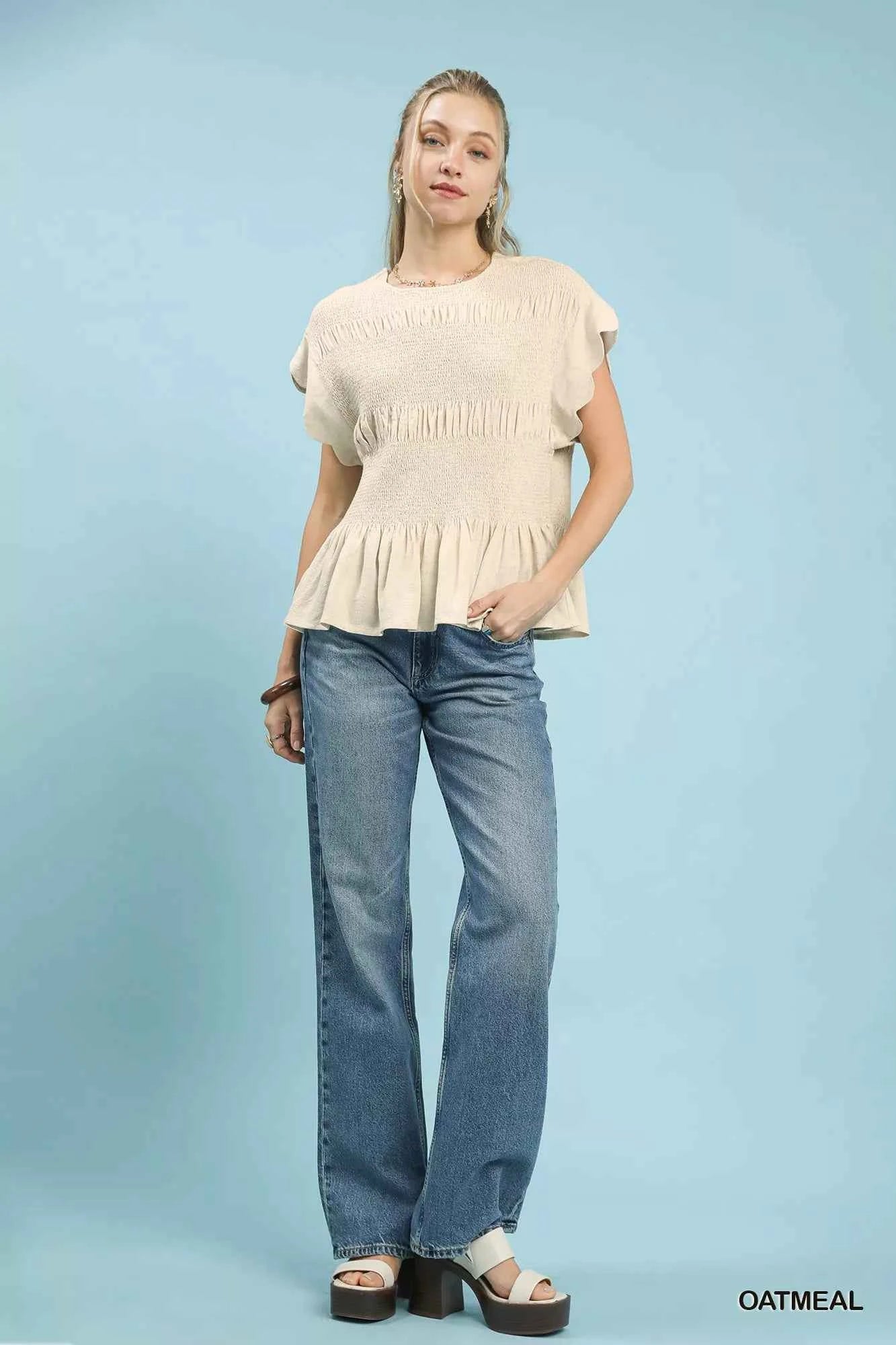 Umgee Linen Blend Smocked Peplum Blouse 1859fb49-ab2c-4ffe-947f-f46befa2d014-Max-Origin