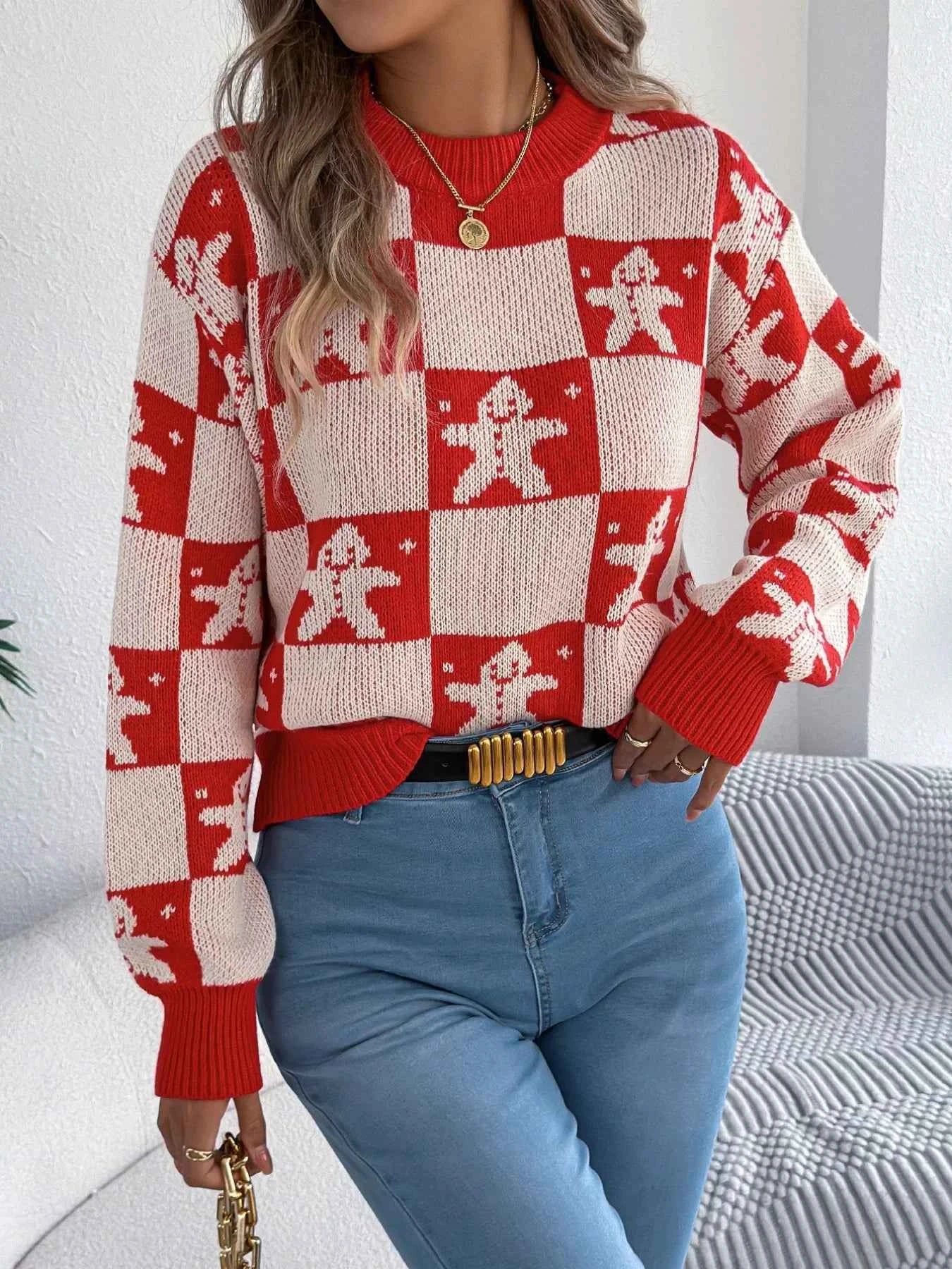 Christmas Checkerboard Gingerbread Round Neck Sweater 186f5b8e-709f-4aab-9123-0993f7e94655-Max-Origin