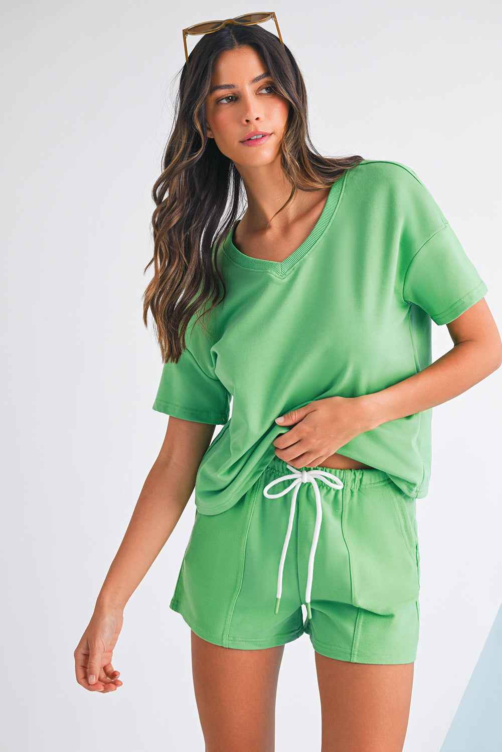 Mint Green V Neck Drop Shoulder Tee and Patchwork Shorts Set 18964ff0ab4ac6ca