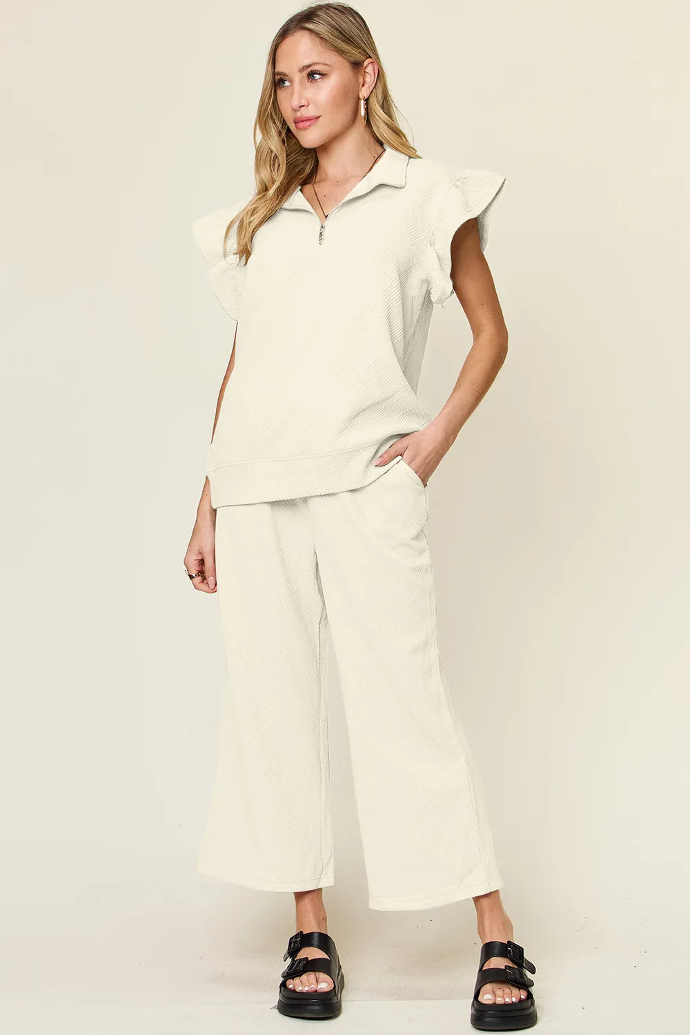 Double Take Texture Ruffle Short Sleeve Top and Drawstring Wide Leg Pants Set Cream 18d3e155-f220-492a-9950-21cb8e98a0cc-Max