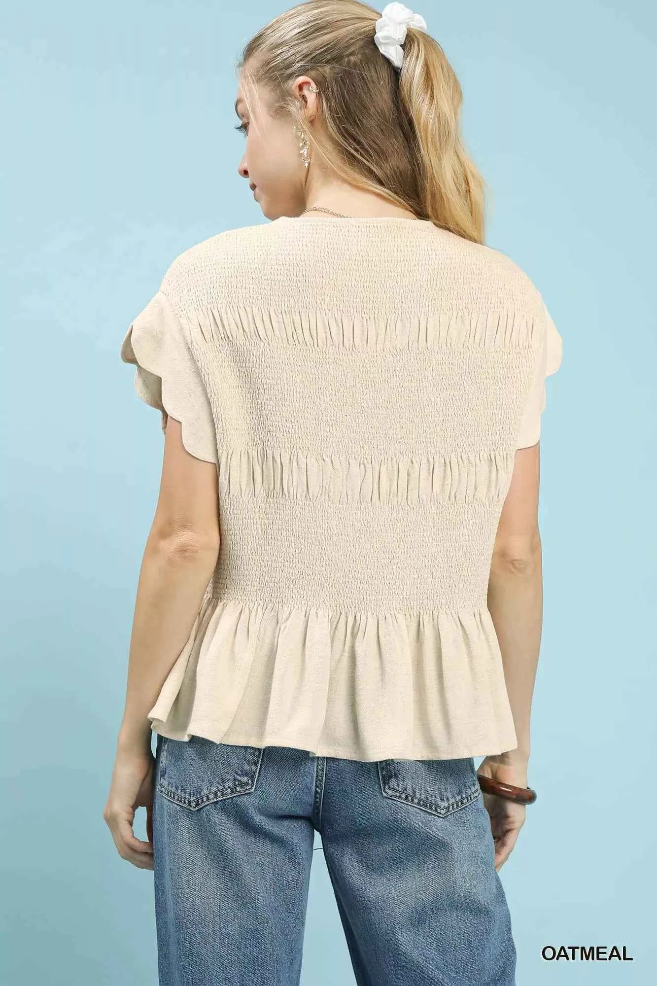 Umgee Linen Blend Smocked Peplum Blouse 19053e28-9cb5-45d6-90da-5fc54d9a6a5c-Max-Origin
