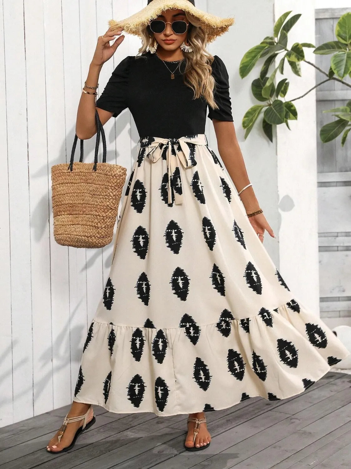 Printed Tie Waist Short Sleeve Maxi Dress 19e428b2-44c3-4a82-8ddb-debbe49f00f2-Max-Origin