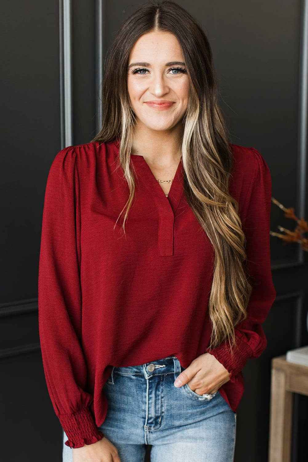 Burgundy Notched Neck Shirred Cuffs Long Sleeve Blouse 19e987882c1121ab