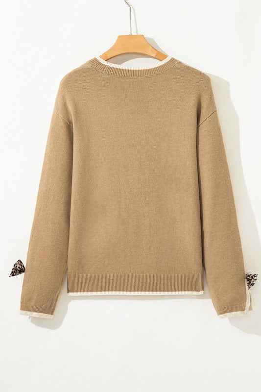 Leopard Bow Split Cuff Contrast Trim Sweater 19f97097-5e83-47b3-b05f-a1afb1de5f03