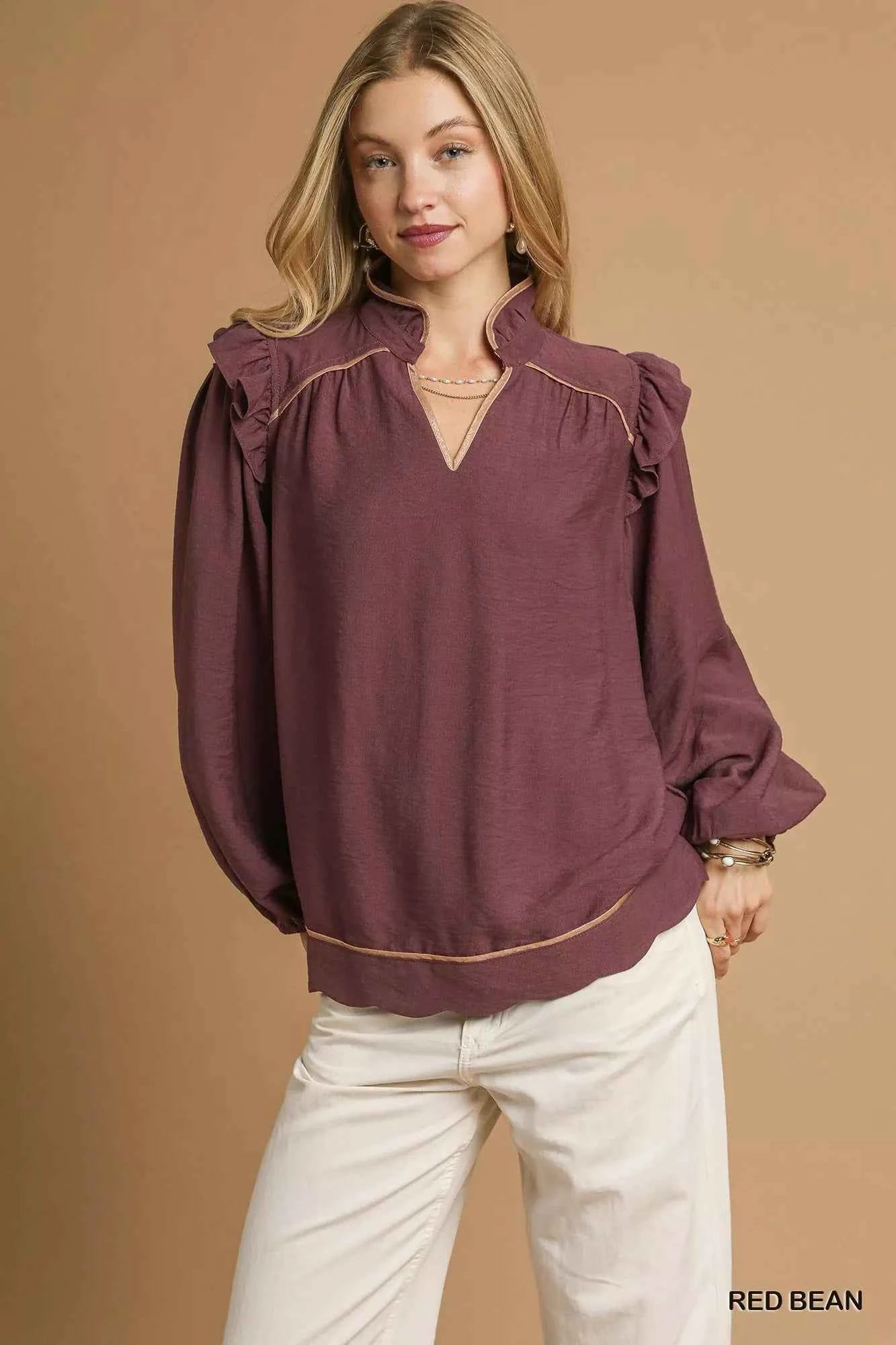 Umgee Ruffle Shoulder Long Sleeve Blouse RED BEAN 1a15838d-8d32-42a5-bacb-a4653ea71165-Max-Origin