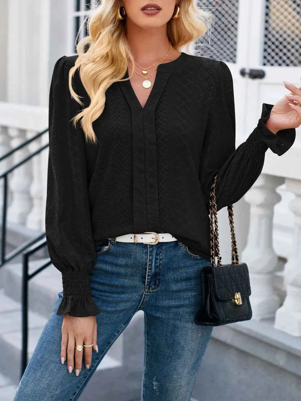 Lovelet Eyelet Notched Flounce Sleeve Blouse Black 1a59e58a-df84-498e-8fbb-204f7e6ca757-Max