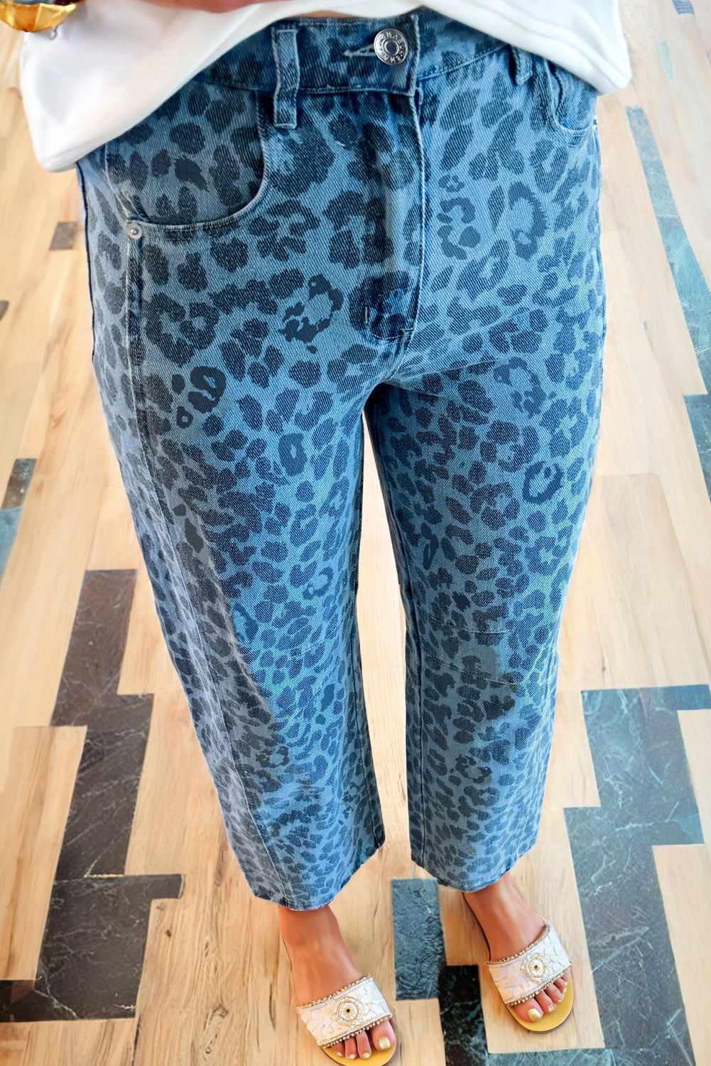 Sky Blue Leopard Print Straight Loose Jeans Sky Blue 72%Cotton+26%Polyester+2%Elastane 1a622787f41fa594