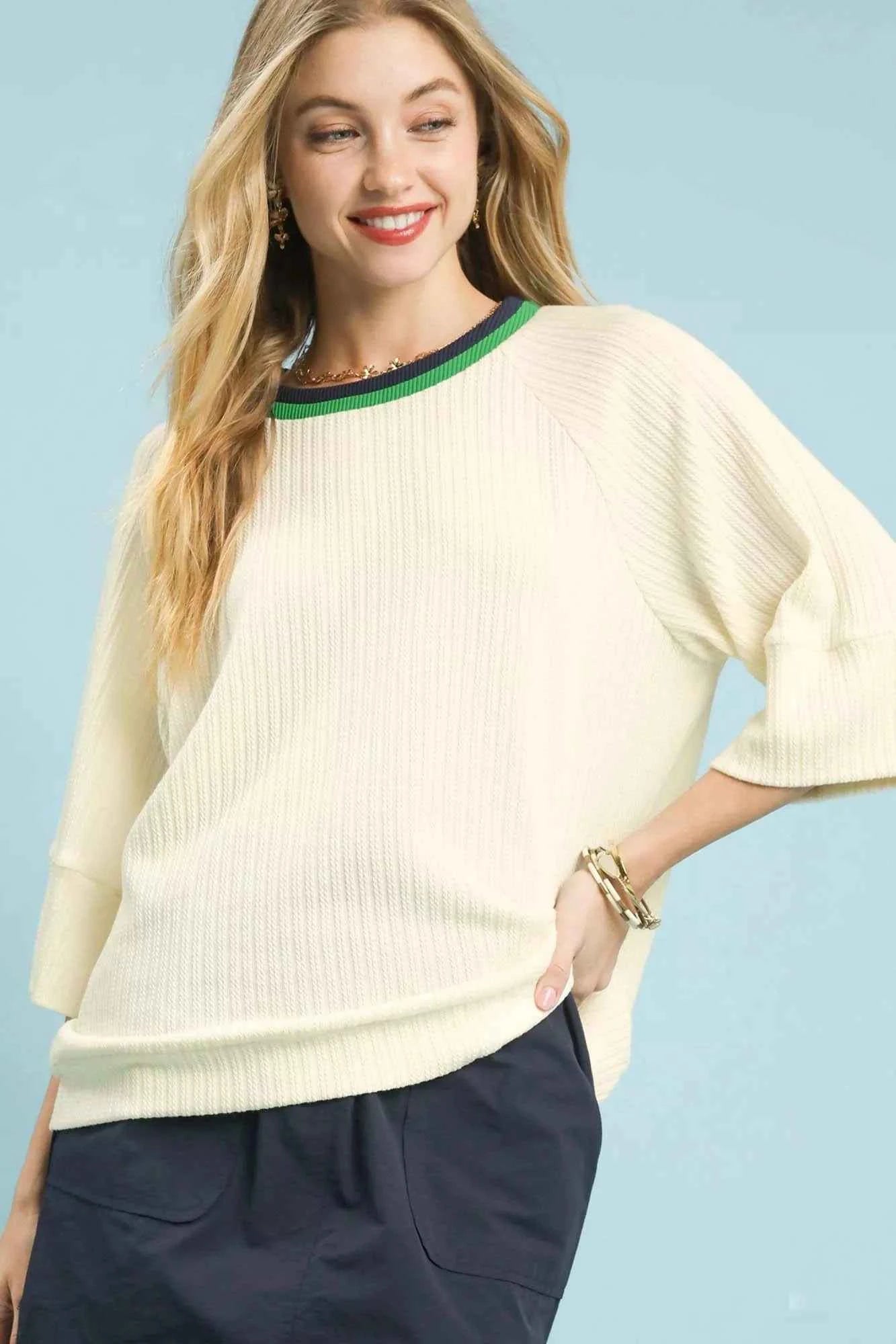 Umgee Ribbed Knit Top with Contrast Trim ECRU 1aa39387-5300-4058-8631-b9b7655995b3-Max-Origin