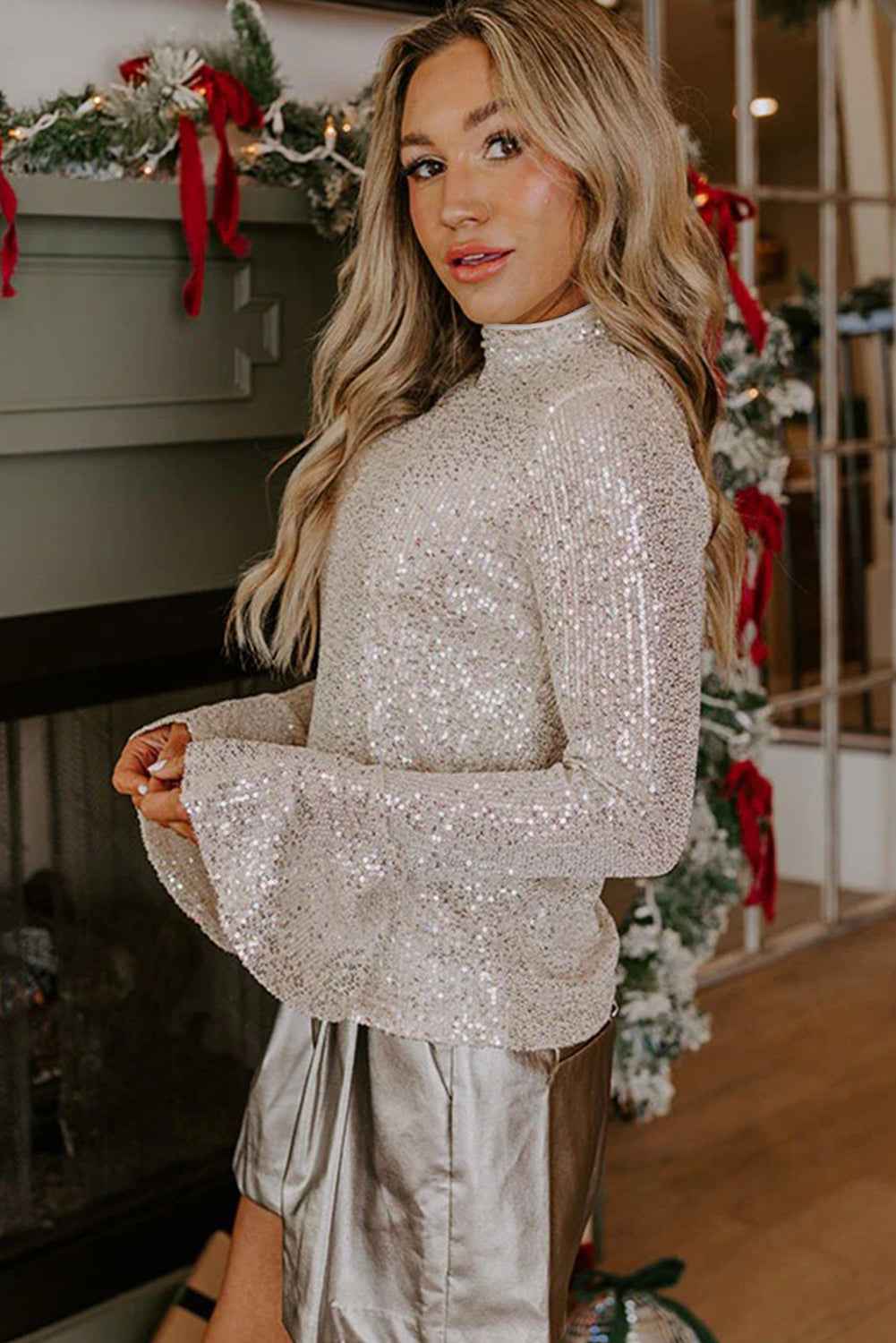 Jet Stream Sequin Mock Neck Drape Backless Bell Sleeve Top 1b21bfeaac46fbc3