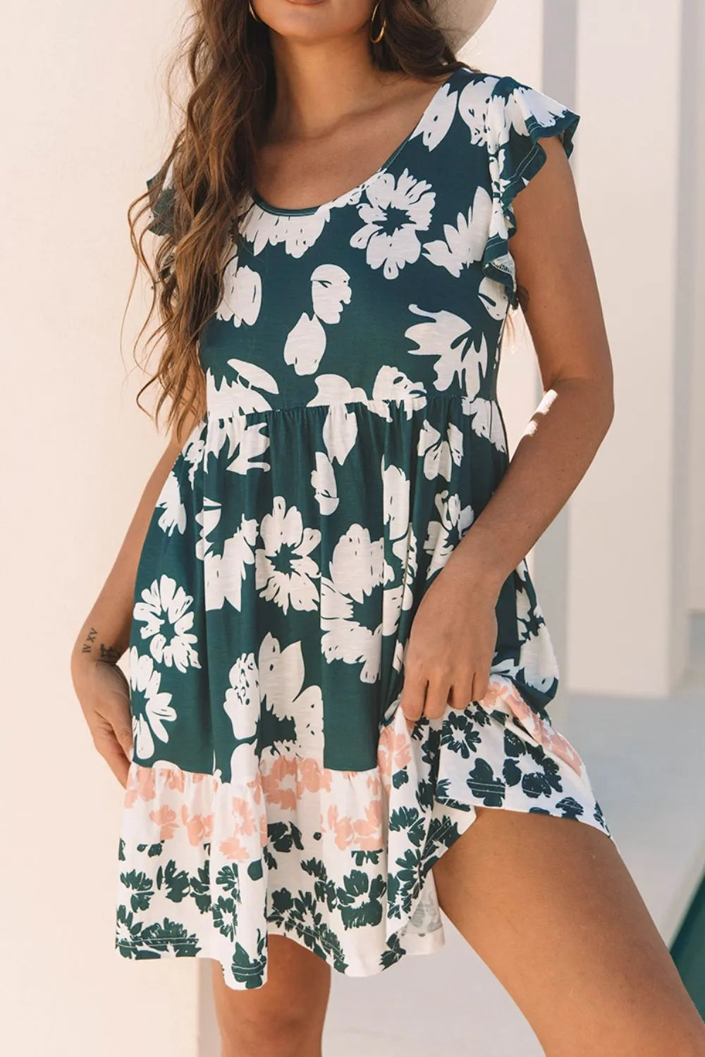 Floral Print Ruffle Sleeve Empire Waist Mini Dress Dark Green 1b61d0f0-d8a2-4b32-9a8b-55f247569968-Max-Origin