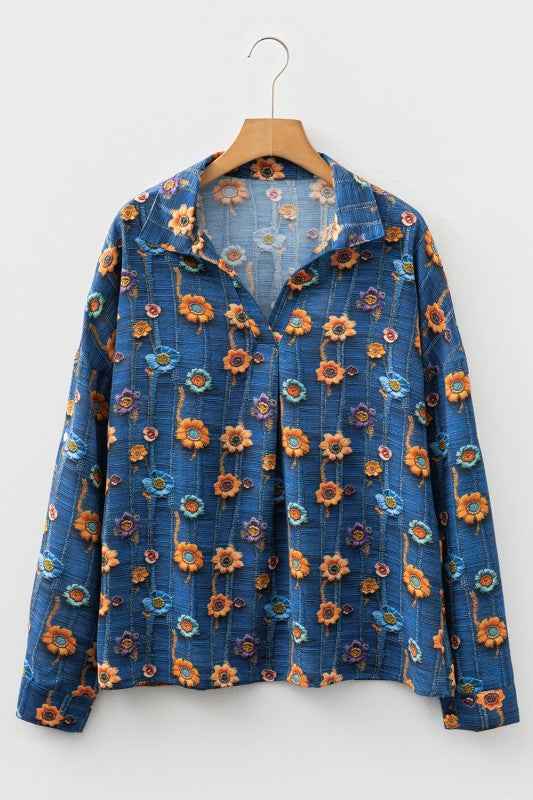 Floral Patchwork Long Sleeve Collar V-Neck Blouse Blue 1bb0977c-867e-45ba-8c56-15452f6fdbe5